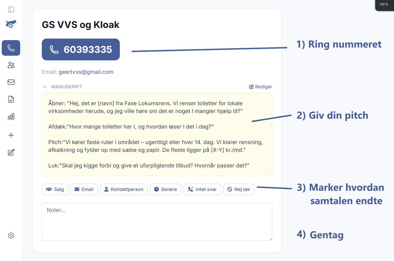 Kanvaskanonen ring-sk&aelig;rmen: &eacute;t opkaldskort med kontaktinfo, call script og kundens hjemmeside &mdash; ingen distraktioner
